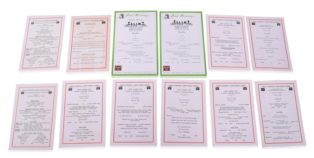 Group of 12 Burlington Route Railroad Menus for Illini Railroad Club - 1959 to 1963