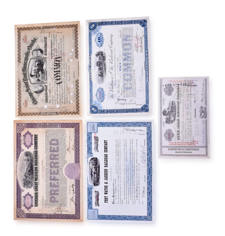 Five Railroad Stock Certificates - Little Miami, Fort Wayne & Jackson, B&O, Chicago Great Western, etc.