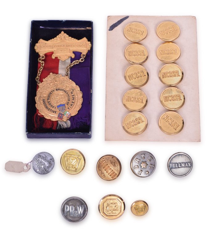 Brotherhood of Locomotive Fireman Medal and Uniform Buttons - NC&StL. Pennsylvania, Philadelphia Baltimore & Washington