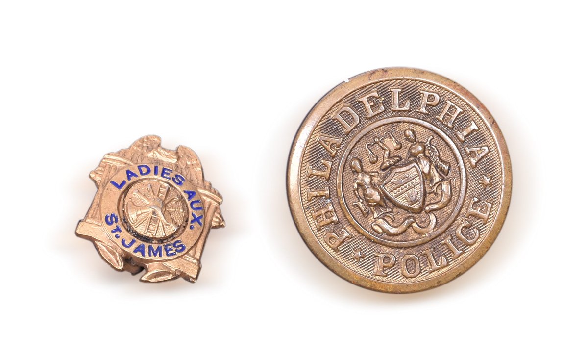St. James Fire Department Ladies Auxiliary Pin & SACO Philadelphia Police Uniform Button