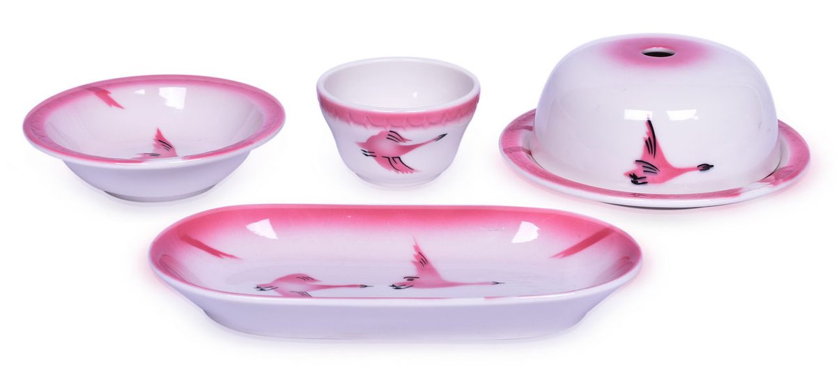 Five Pieces of Milwaukee Road Dining Car China Traveler Hot Food Cover, Lunch Plate, Bouillon Cup, Oval Celery Dish, and Bowl