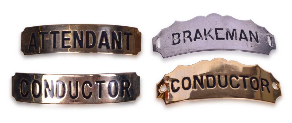 Four Railroad Cap Badges - "Attendant", "Conductor", "Conductor", and "Brakeman"