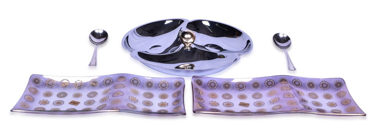 Five Milwaukee Road Dining Car Items - Silver Bouillon Spoons, Mid Century Serving Tray, and Glama Glass Trays