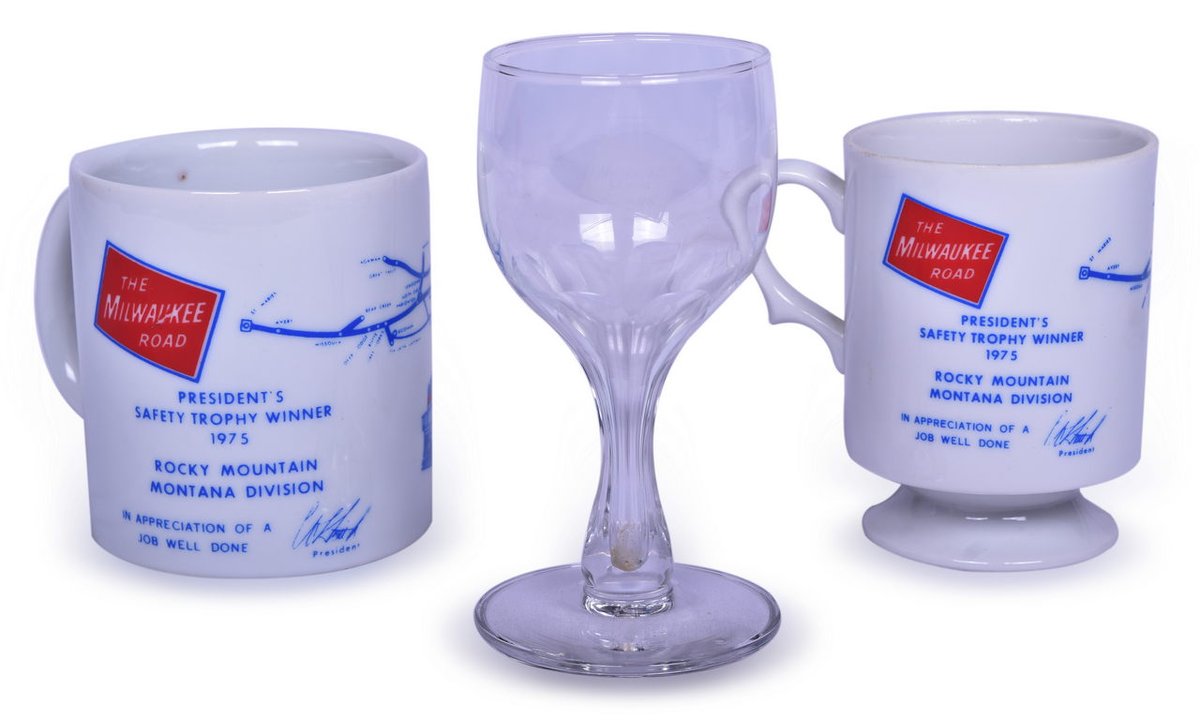 Milwaukee Road Stemmed Wine Glass, 1975 President's Safety Trophy Winner Coffee Mug, and Hot Chocolate Mug