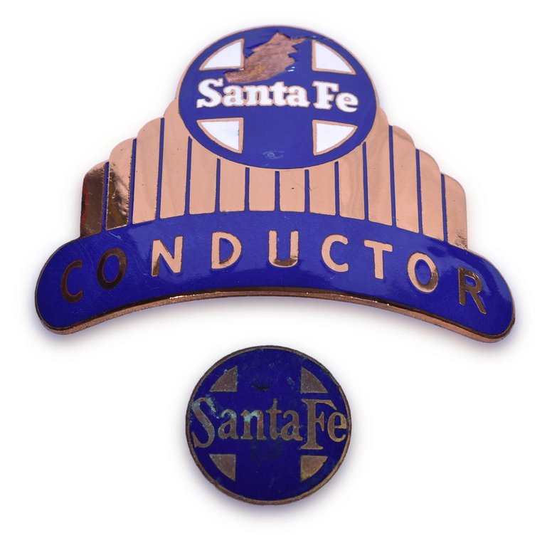 High Top Santa Fe Railroad Brass Conductor Cap Badge and Screw Back Pin