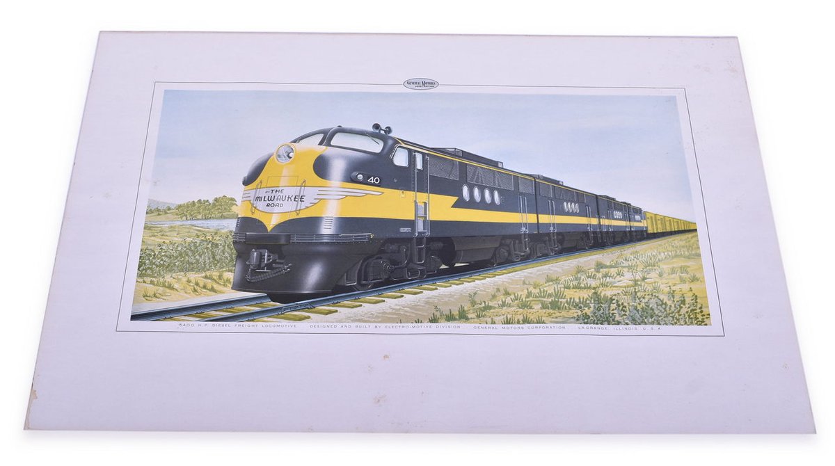 Milwaukee Road General Motors Locomotive Advertising Poster Featuring 5400 H.P. Diesel Freight Locomotive