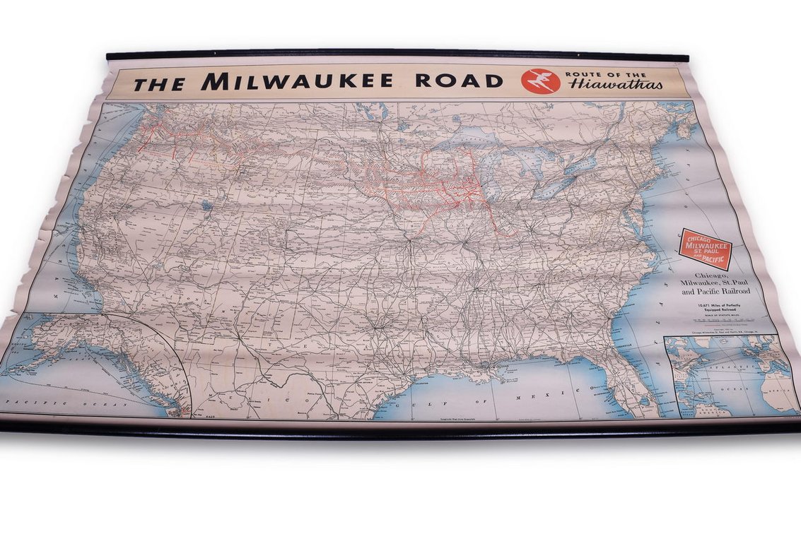 1951 Chicago, Milwaukee, St. Paul & Pacific Railroad Wall Map - Route of the Hiawathas