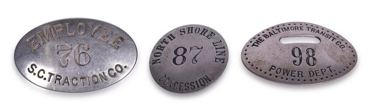 Three Traction / Interurban Company Nickel Employee Badges - North Shore Line, Baltimore Transit, and South Carolina Traction