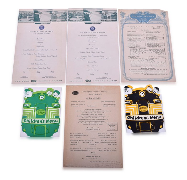 Six New York Central Railroad Menus - 1927 Big Four Route, Cornhusker Special, Children's Menus, and More