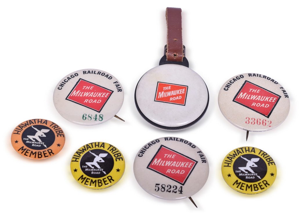 7 Milwaukee Road Pins - Hiawatha Tribe, Chicago Railroad Fair, Luggage Tag