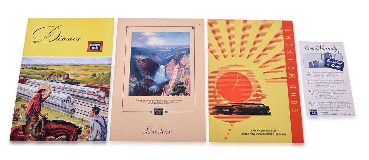 Four Chicago, Burlington & Quincy Railroad Menus - Yellowstone River, Nebraska Cornhusker Special, and 1954 Omaha Centennial