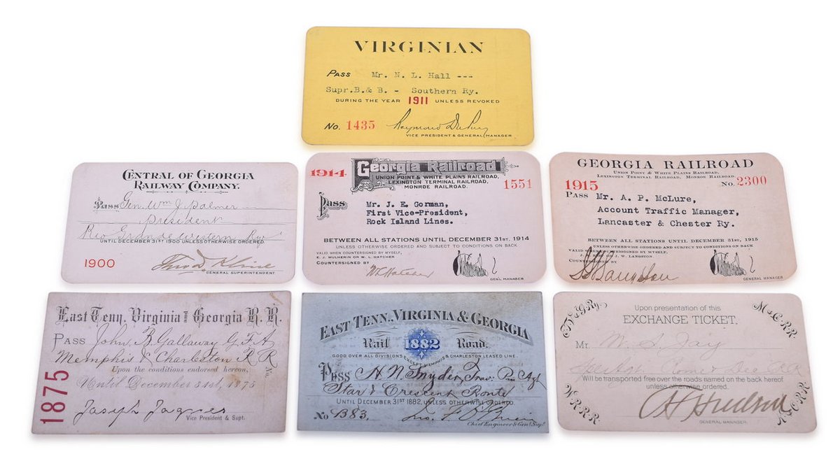 Seven Southeastern Railroad Annual Passes and Exchange Ticket - East Tennessee, Virginia & Georgia, Central of Georgia, and More