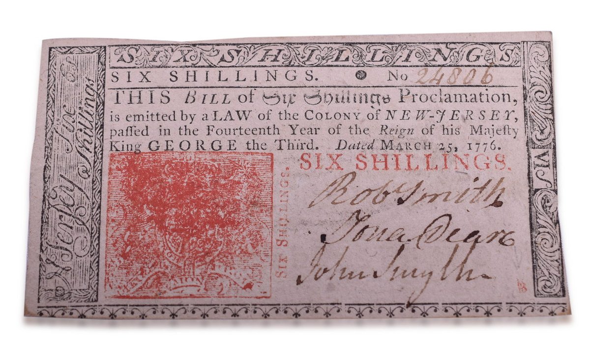 1776 New Jersey Colonial Currency Six Shillings Note