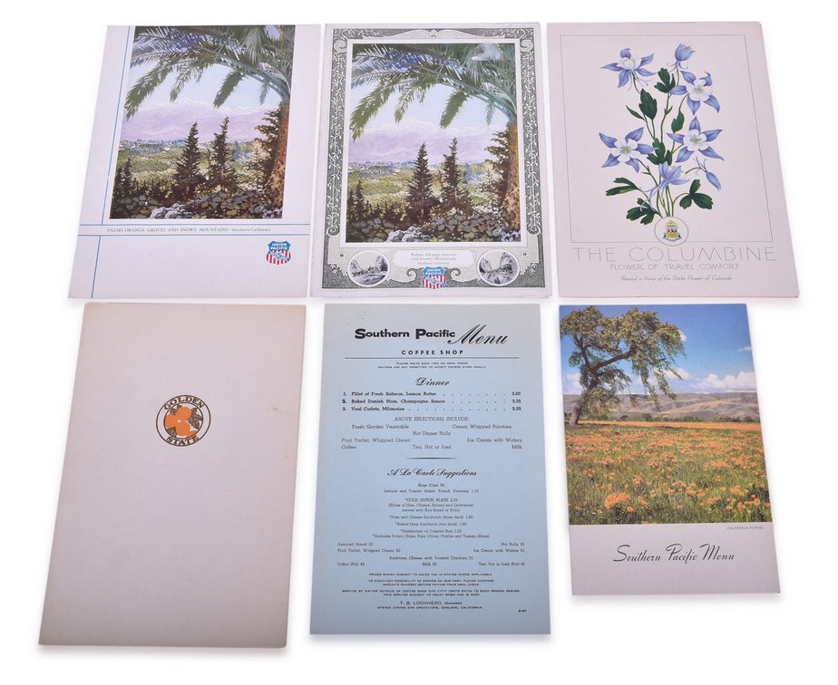 Six Union Pacific and Southern Pacific Railroad Menus - Columbine, Golden State, Palms Orange Groves and Snowy Mountains, and More