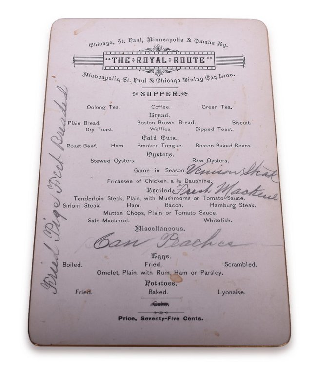 Chicago, St. Paul, Minneapolis & Omaha Railway Royal Route Supper Menu and Wine List