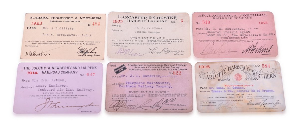 Six Southeastern Railroad Annual Passes - 1914 Columbia, Newberry & Laurens, 1915 Queen & Crescent Route, and More