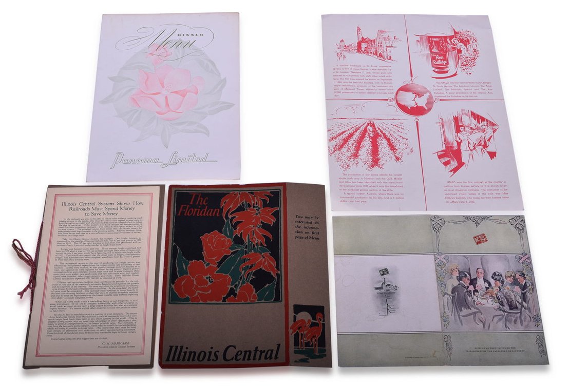 Four Illinois Central and Gulf Mobile & Ohio Railroad Menus - The Floridan, Panama Limited, Hawthorn, Etc.