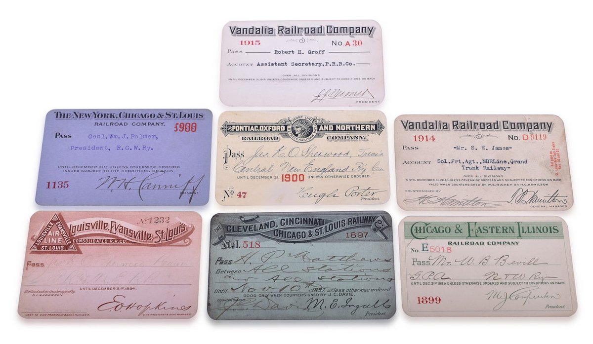 Seven Midwest Railroad Annual Passes - 1894 Louisville, Evansville & St. Louis, 1897 Big Four, 1899 C&EI, and More