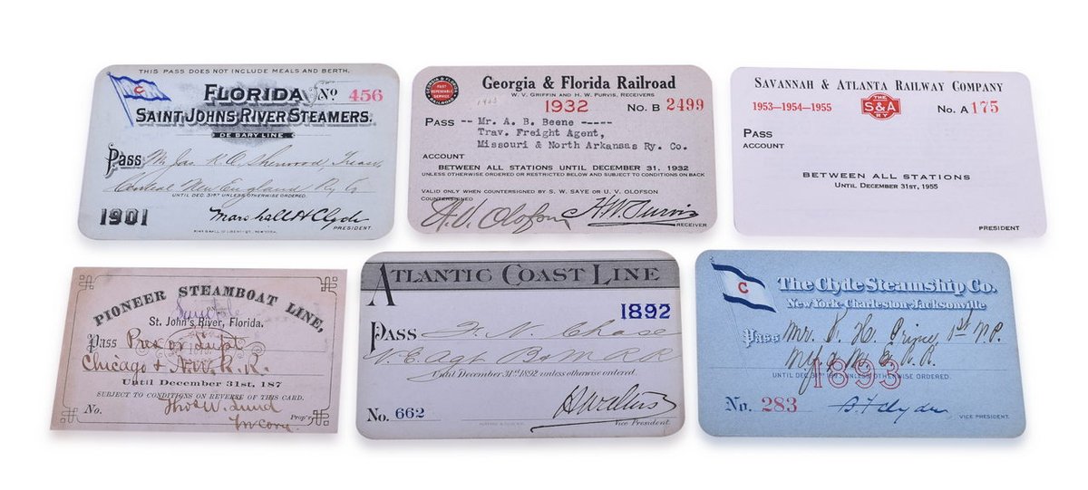 Six Southeastern Railroad Annual Passes - 1876 Pioneer Steamboat Line, 1892 Atlantic Coast Line, and More