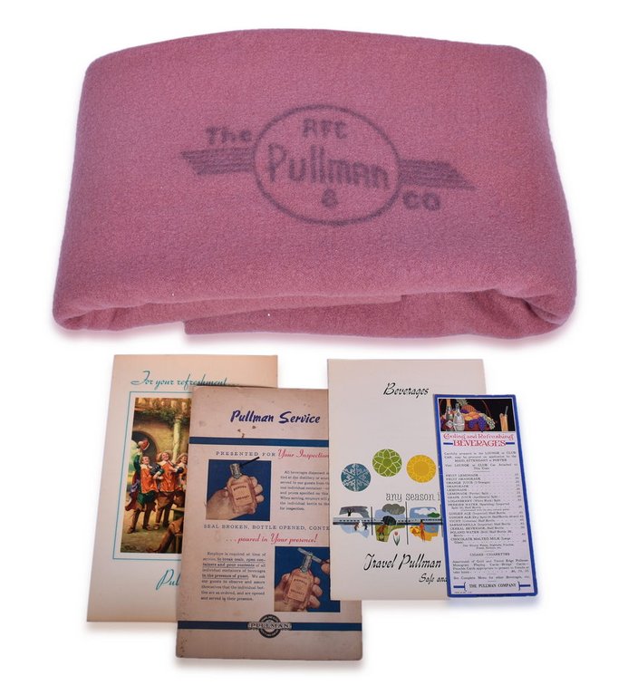 Pullman Company Railroad No. 8 Wool Blanket and Four Beverage Menus - 1931 to 1966
