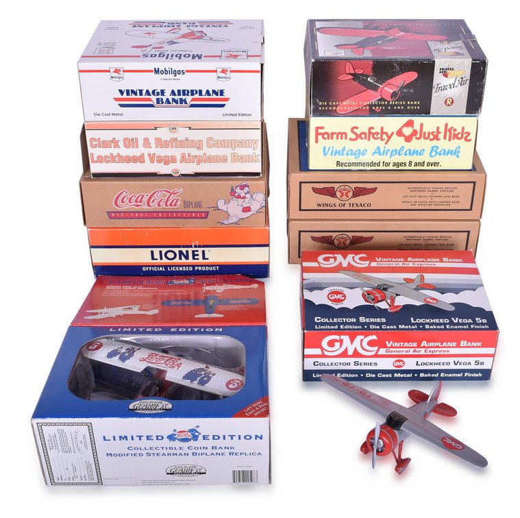 Ten Die Cast Airplane Banks - Pepsi Cola, Clark Vintage, Mobilgas, Lionel, Texaco, Coca-Cola, General Air Express, and More