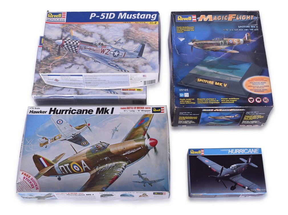 Five Revell Scale Model Plane Kits - Hawker Hurricane Mk I, Magic Flight Spifire MK V, P-51D Mustang, and Hawker Hurricane