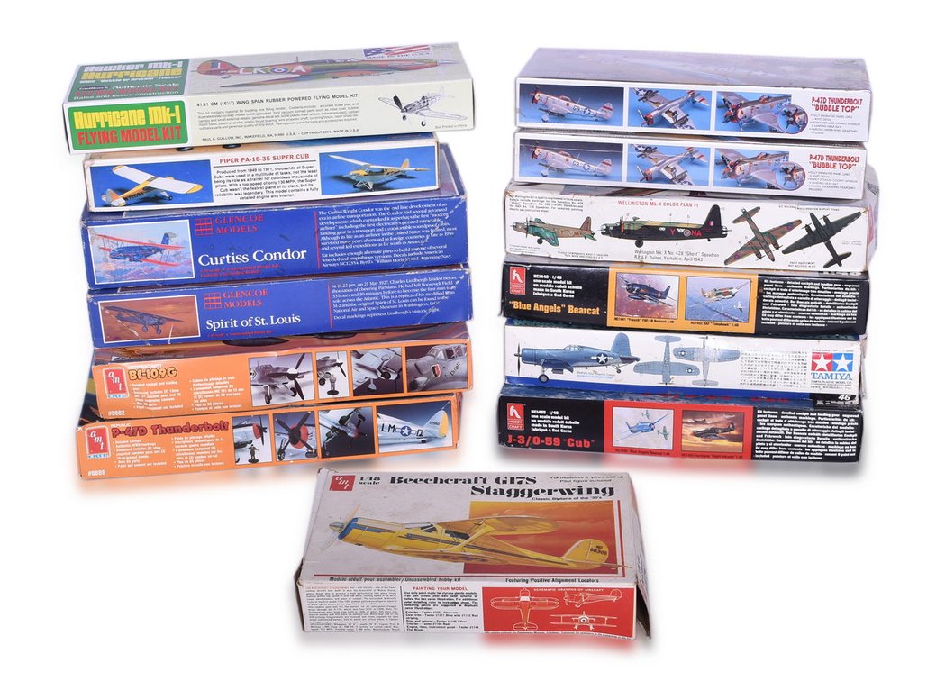 Thirteen Scale Model Plane Kits - AMT ERTL, Tamiya, Academy Minicraft, Hobby Craft, Glencoe Models, and Guillow's