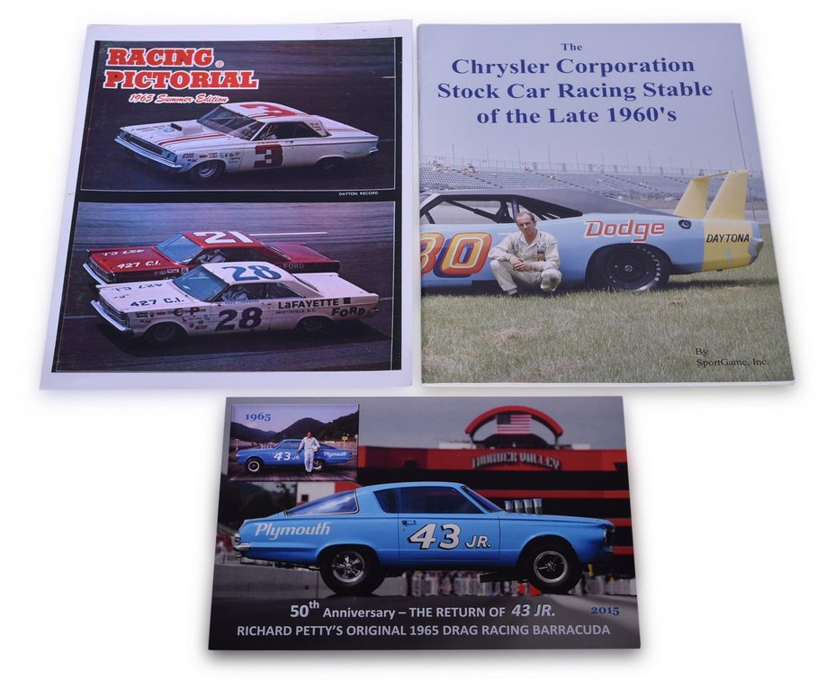 Chrysler Stock Car Racing Stable of the 1960s Picture Book, 1965 Racing Pictorial Photo, and 50th Anniversary Richard Petty Photo Card