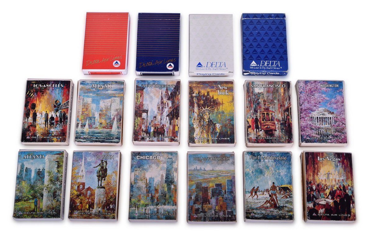 Sixteen Delta Air Lines Playing Card Decks - Travel Destination Advertising, Boston, San Francisco, Washington, and More