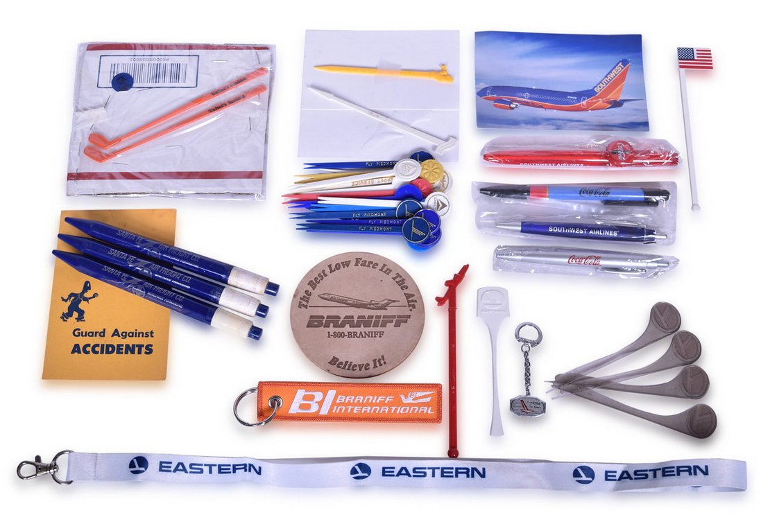 Large Collection of Airline Promotional Advertising Items - Cocktail Fork Picks, Coasters, Pens, Lanyard, Keychain, and More