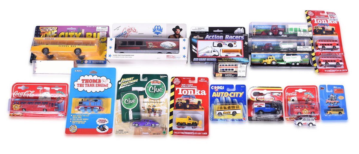 Eighteen Assorted Die Cast Transportation Toys - ERTL Thomas The Tank Engine, Hank Williams Jr. Bus, Coca-Cola Bus, and More