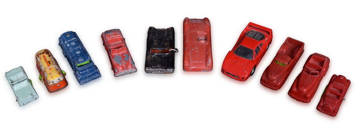 Group of Ten Plastic and Steel Toy Vehicles - Tootsietoy, Renwal, Midgetoy, Manoil, and Acme