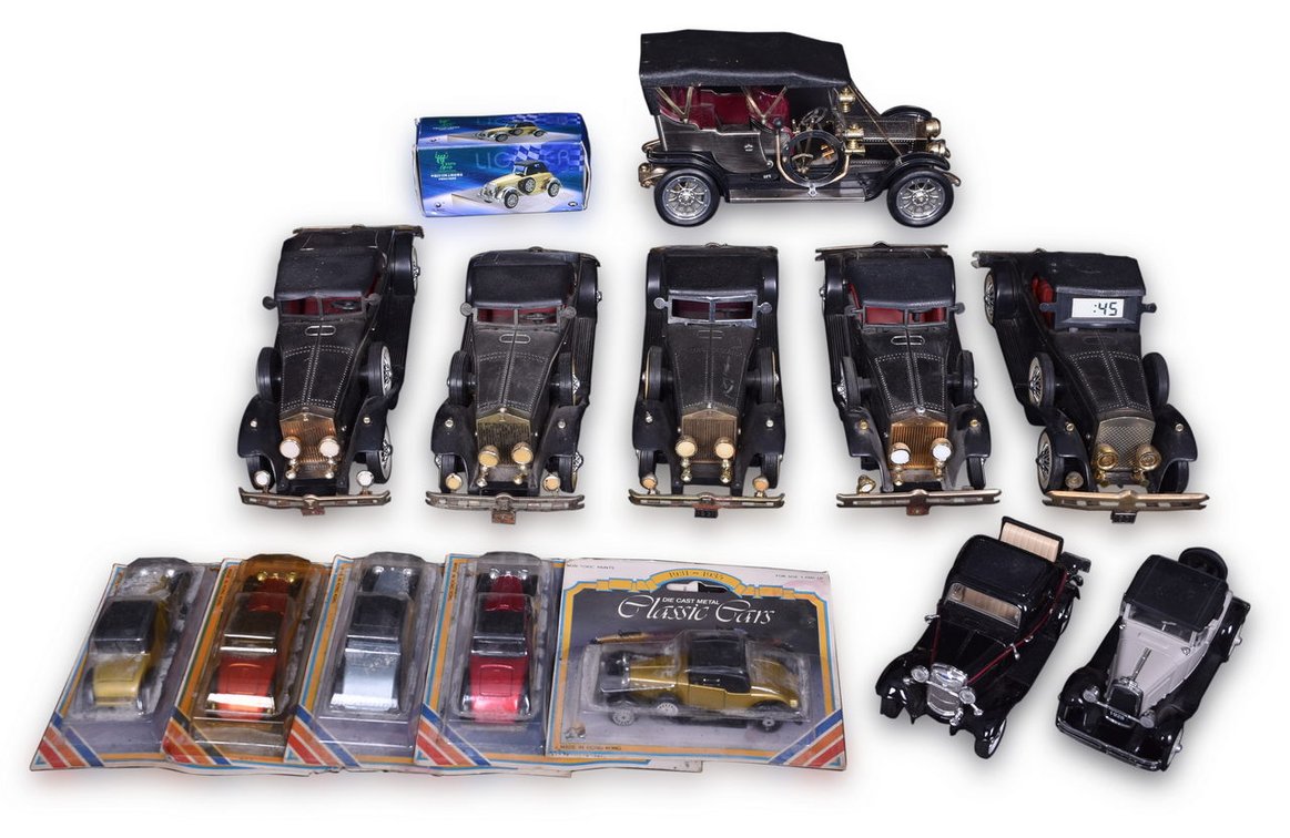 Fourteen Classic Car Model Items - Die Cast and Steel Transistor Radios, Rolls Royce Clock, 1:58 Scale Toys, 1:30 Scale Toys, and Butane Lighter