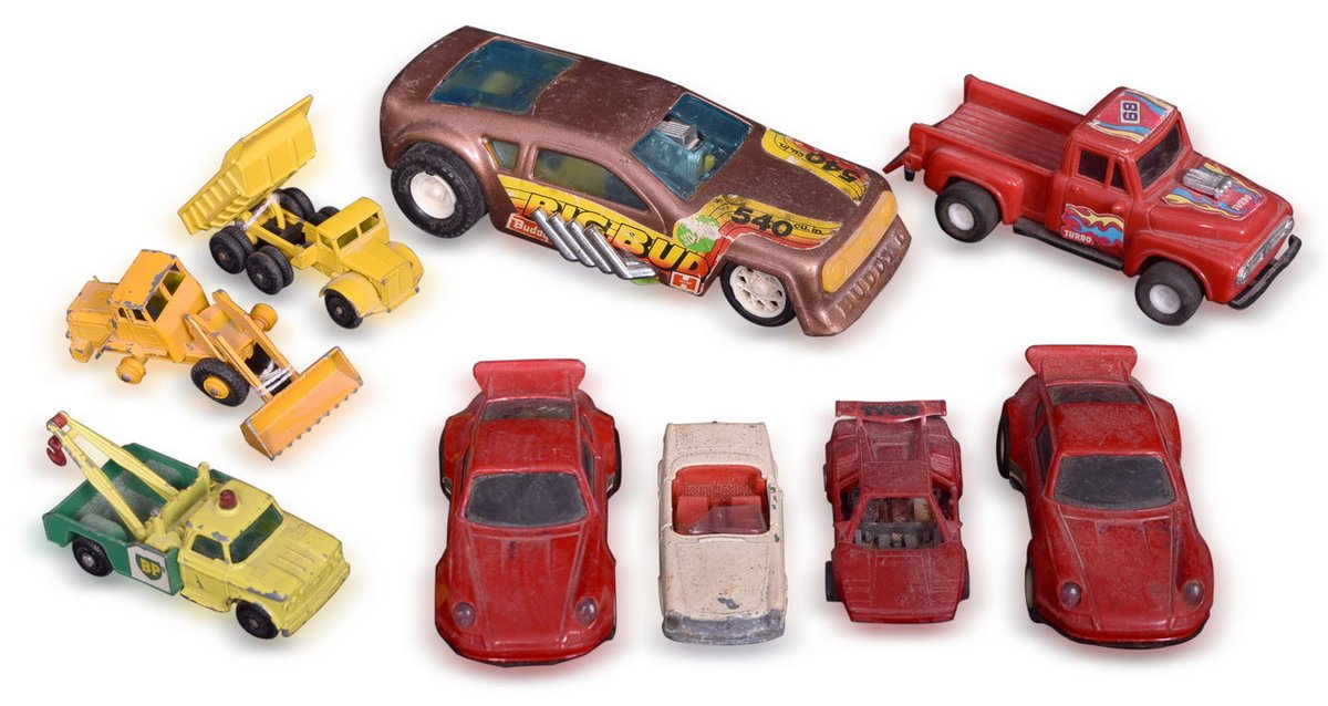 Mix of Nine Toy Cars - Die Cast Matchbox, Plastic Buddy L Big Bud Funny Car, and Plastic Slot Cars