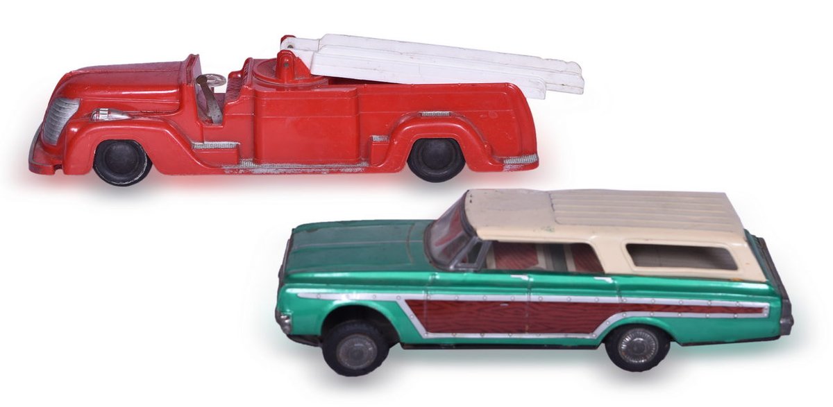 Tin Toy Friction Station Wagon and Saunders Wind-Up Fire Truck
