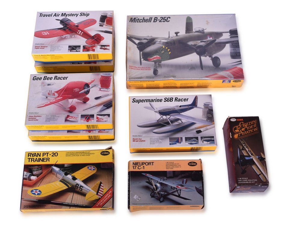 Nine Testors Scale Model Plane Kits - North American Mitchell B-25C, Nieuport 17 C-1, Ryan PT-20 Trainer, and More
