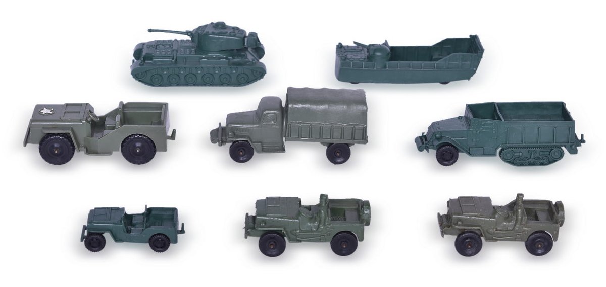 Eight Auburn and Tim-Mee Rubber Green Military Army Toys - Jeeps, Tanks, and Trucks