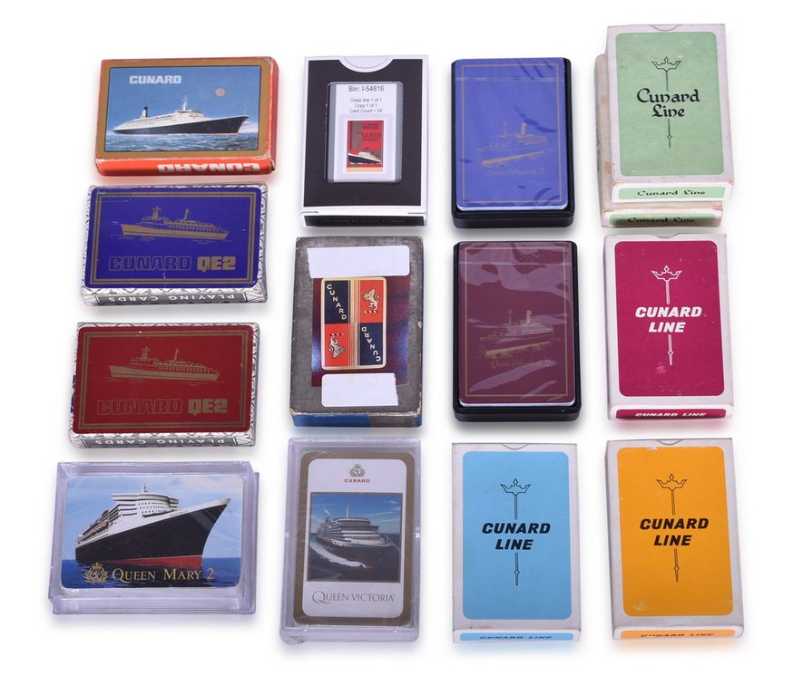 Fourteen Cunard Line Steamship Playing Card Decks - Queen Victoria, Queen Mary 2, Queen Elizabeth 2, and More