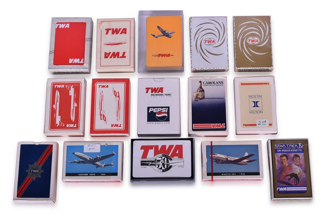 Fifteen TWA Trans World Airlines Playing Card Decks Advertising Hilton, Star Trek IV, Pepsi, Carolans Liqueur, and More
