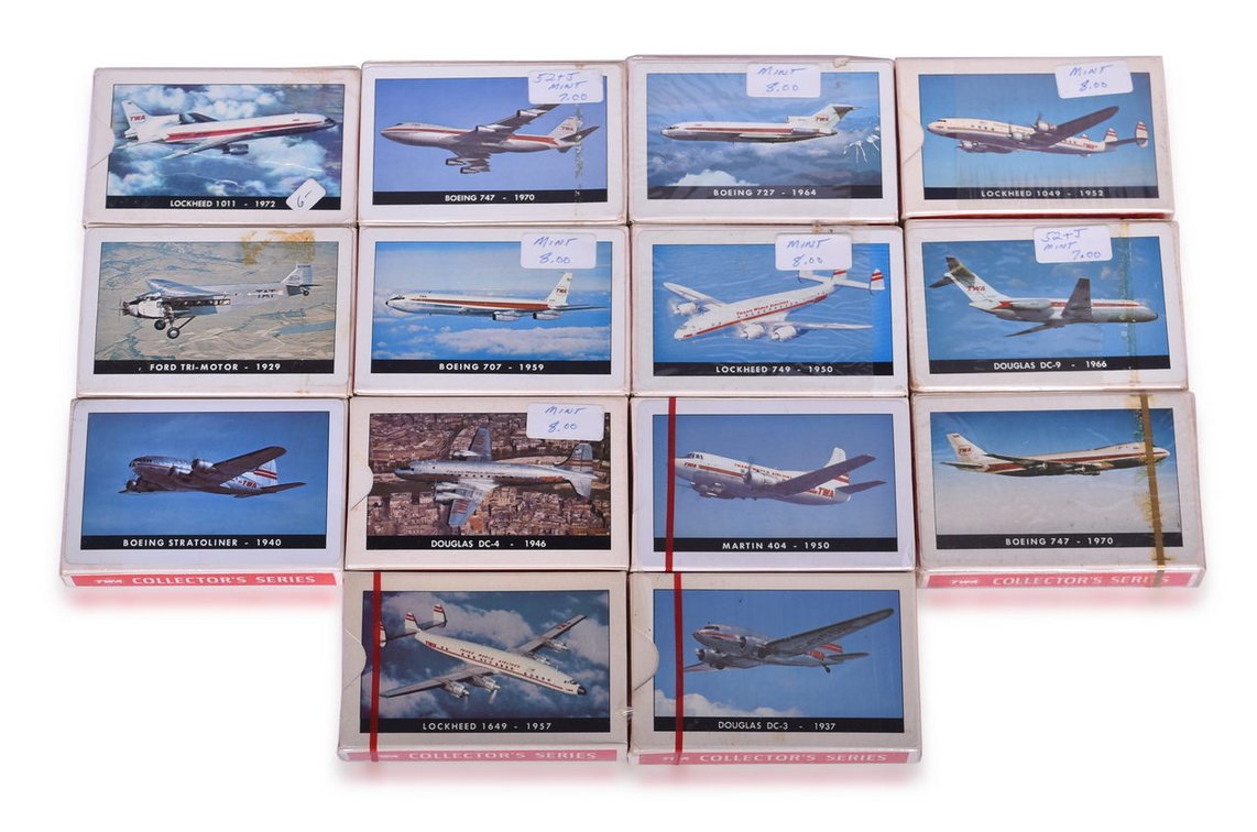 Fourteen TWA Collector's Series Airline Playing Card Decks - Boeing, Lockheed, Ford, Douglas, and Martin