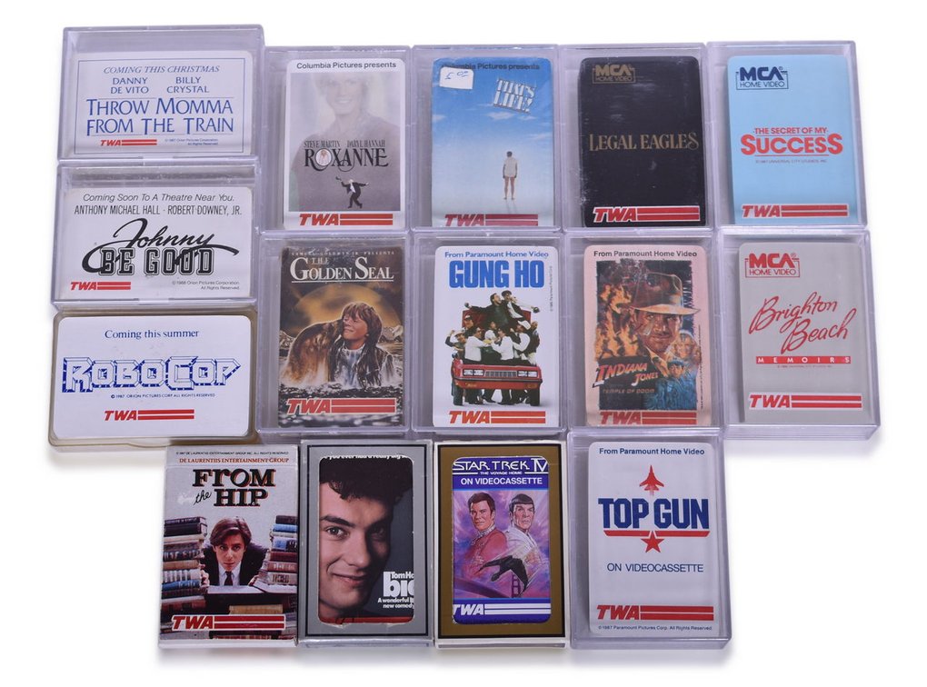 Fifteen TWA Airlines Playing Card Decks Advertising Hollywood Movies - Top Gun, Star Trek IV, Indiana Jones, Big, RoboCop, and More