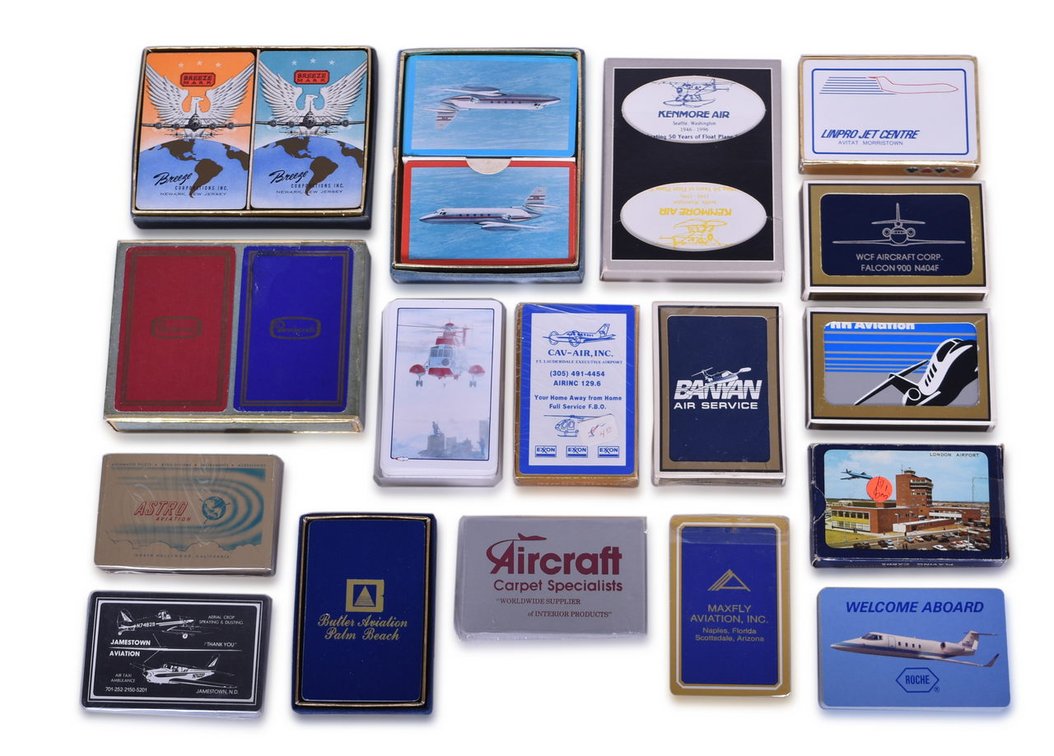 Twenty-One Aviation Playing Card Decks - Astro, Roche, Jet Star II, Breeze Mark, Beechcraft, Jamestown, Banyan Air Service, and More