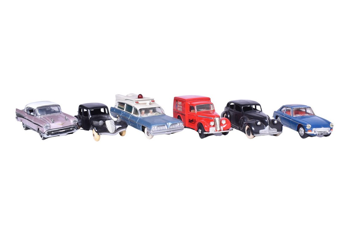Six Dinky / Matchbox Models - '57 Chevrolet Bel Air, Buick Viceroy, 1965 MGB-GT