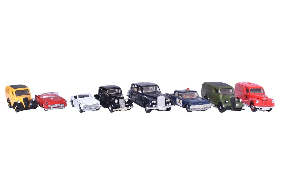 Eight Dinky Car Models - 1955 Ford Thunderbird, 1949 Ford V-8 Pilot, 1965 Triumph TR4A