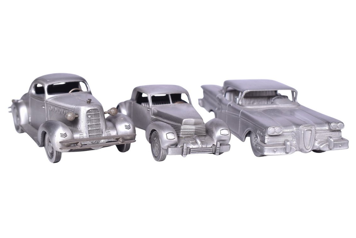 Three Pewter Model Cars - 1958 Edsel Citation, 1934 La Salle, 1936 Cord