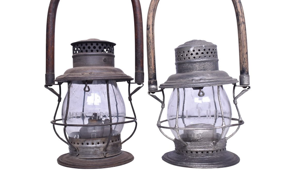 Pair of Wooden Bale Railroad Lanterns - Long Island and Duluth Missabe & Northern