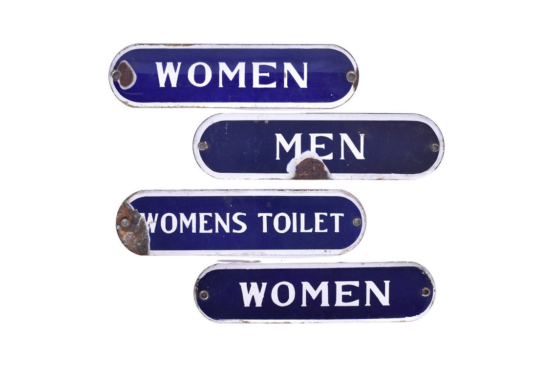 Four Porcelain Railroad Restroom Signs - Men, Women and Womens Toilet