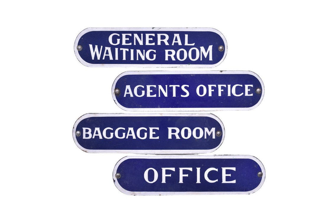 Four Porcelain Railroad Signs - General Waiting Room, Agents Office, Office and Baggage Room