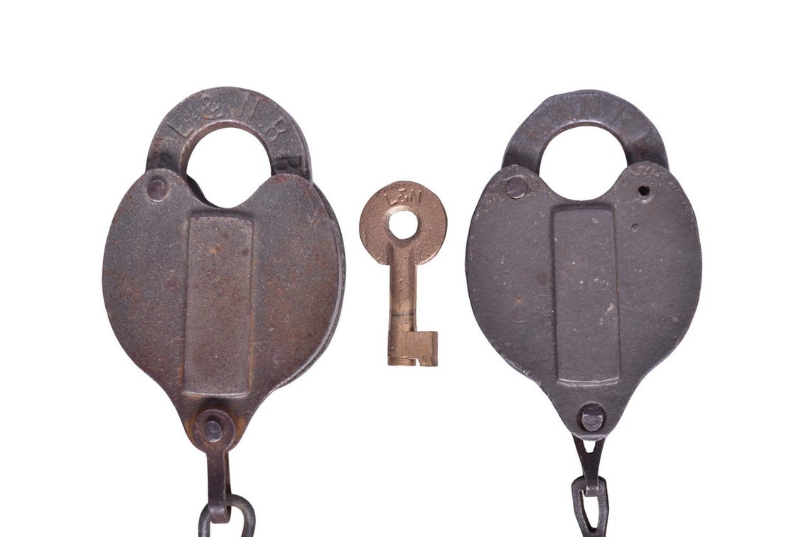 Pair of Louisville and Nashville Railroad Steel Serif Font Heart Shaped Locks
