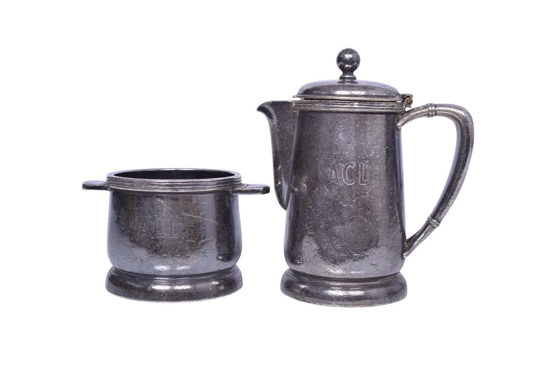 Two Pieces of Atlantic Coast Line Railroad Dining Car Silver - Sugar Bowl, Syrup Pitcher